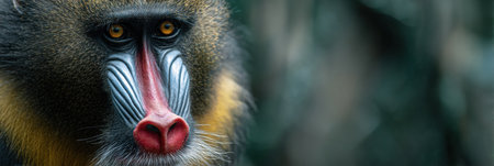 Mandrill with striking multicolored face observes surroundings in dense jungle, surrounded by blurred greenery and an open sky above.の素材