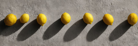 Bright yellow lemons arranged in a line cast long shadows on a textured concrete surface, evoking freshness and a sunny ambiance in a minimal setting.の素材