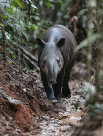 Malayan tapir moves gracefully through muddy path surrounded by lush greenery in a tropical forest, showing its unique features and behavior.の素材