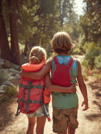 Friends walk along a forest path during summer, sharing smiles and enjoying nature while learning about outdoor safety strategies to stay protectedの素材