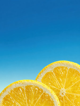 Vibrant lemon slices rest on the horizon under a clear blue sky, evoking a sense of freshness and summer joy, perfect for a cheerful backdrop.の素材