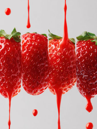 Fresh strawberries gradually dripping and transforming into bright red juice against a minimalistic background highlighting a smooth transition.の素材