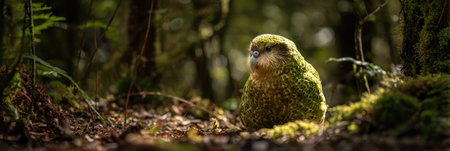 A kakapo sits calmly on the forest floor surrounded by lush greenery and soft light filtering through the trees, creating a serene atmosphere.の素材