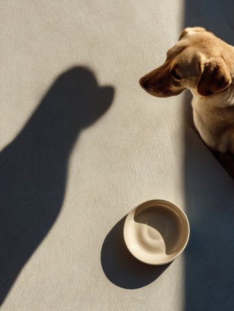 A Labrador sits next to an empty bowl, looking at the shadow of food cast on the floor, illuminated by soft sunlight in a minimal space.の素材