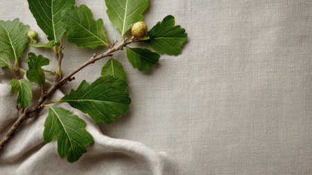 A fig tree branch with vibrant leaves and small figs rests on soft linen cloth, creating a rustic ambiance perfect for showing natural elements.の素材