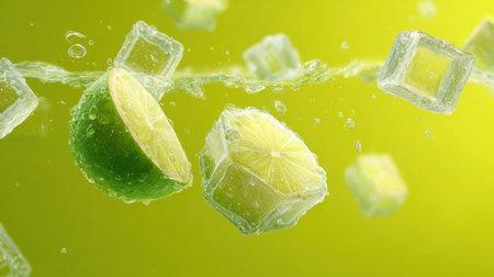 Bright green lime wedges float alongside sparkling ice cubes in clear water, creating a fresh and lively atmosphere ideal for summer drinks.の素材