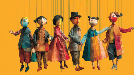 Colorful puppets on strings show characters engaged in scripted conversations set against a vibrant abstract background with empty space on one side.の素材