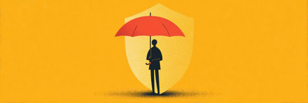 A figure stands under a red umbrella, safe within a yellow shield symbolizing mental protection; this scene represents resilience and emotional well-being.の素材