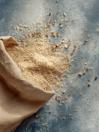 A sack of grain-free food spills across a textured surface, showing the light tones and fine grains, with a faded area enhancing the visual interest.の素材
