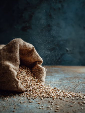 Sack containing grain-free food tips over, scattering contents onto a rustic surface while a faded background adds depth to the composition.の素材