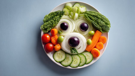 Creative food art featuring a dog face made from various vegetables arranged in a bowl against a white background, perfect for playful dining experiences.の素材