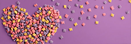 Colorful pet treats in a heart shape on a bright surface, with scattered snacks nearby, celebrating companionship for pet lovers.の素材