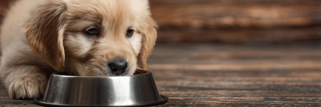 A playful puppy is happily eating cooked food from a stainless bowl placed on a polished wood floor in a relaxed indoor environment.の素材