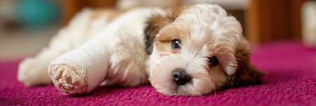A puppy with a broken paw in a cast lies comfortably on a soft mat, exuding cuteness and tranquility in a serene indoor environment.の素材