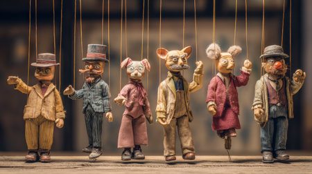 Puppets on strings showcase a creative representation of scripted conversations, set against a vibrant abstract background with ample space on the left.の素材