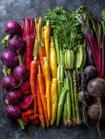 Colorful array of rainbow vegetables sorted by nutrient value highlighting various colors and shapes, emphasizing healthy eating and nutrition in a creative wayの素材