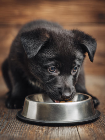 A curious puppy eats from a shiny stainless bowl placed on a wooden floor while the background is soft and unfocused, adding warmth to the scene.の素材
