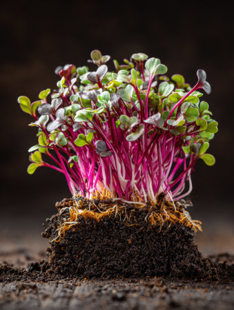 Radish sprouts with vibrant green and purple leaves thrive in rich, dark soil, showing their growth and potential for wellness in this natural setting.の素材