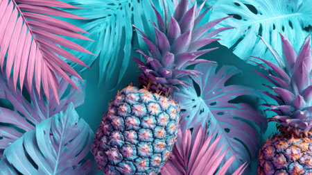 A colorful pineapple contrasts beautifully with lush tropical leaves in bright summer tones, evoking a vibrant and lively feel perfect for warm days.の素材