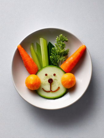 A bowl showcases a fun dog face created from vegetables, including cucumber, carrots, and celery, arranged in a vibrant and whimsical way.の素材