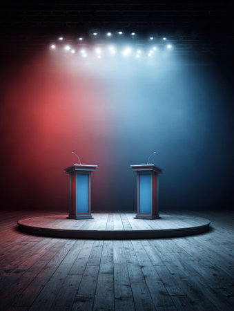 Spotlights illuminate two empty podiums on a circular stage, creating a tense atmosphere in preparation for an upcoming political debate at night.の素材