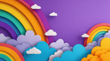 Bright pride icons drift in a playful purple sky surrounded by soft clouds, embodying a spirit of joy and acceptance that enhances the scenery and atmosphere.の素材