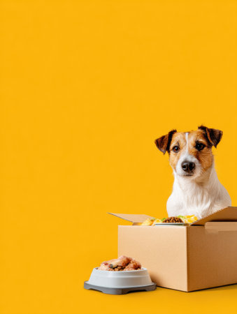 A happy pet sits near a branded food box with an open top, looking at a bowl filled with food in a vibrant background, capturing the joy of pet ownership.の素材