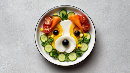 A colorful arrangement of fresh veggies forms a playful dog face in a bowl, creating a fun and artistic food display.の素材