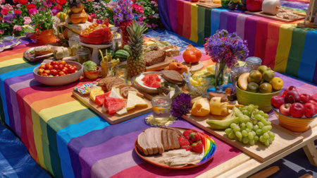 Joyful gathering featuring a picnic table decorated with pride colors, displaying fresh fruits, sandwiches, and beautiful flowers in full bloom.の素材