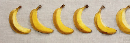 A collection of ripe bananas is displayed on a light linen fabric, creating a calming effect with the neutral palette and ample blank space on one side.の素材