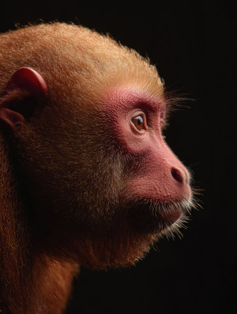 A red uakari with a bald head displays bold jungle tones while positioned against a dark background, capturing the essence of its natural habitat.の素材