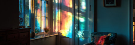 Warm hues cascade through a window, illuminating a calm interior space with gentle colors. A cozy chair invites relaxation in the soft evening light.の素材
