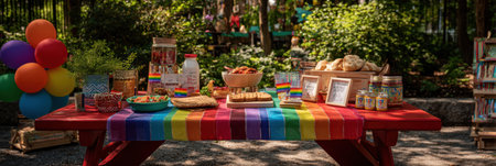 A picnic table is set in a lively outdoor area, decorated with pride-themed items and filled with an array of tasty food choices, inviting guests to enjoy.の素材