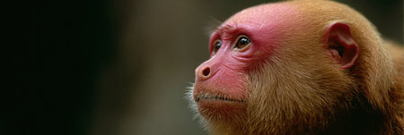 A red uakari with a bald head gazes thoughtfully in a lush jungle setting, showing its unique features and the vibrant environment.の素材