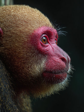 A red uakari monkey with a bald head gazes attentively in its vibrant jungle habitat, showing its striking features during daylight.の素材