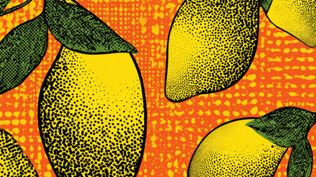 Colorful mango design features a repeated pattern with halftone texture, offering a vibrant and playful aesthetic on a bright orange backdropの素材