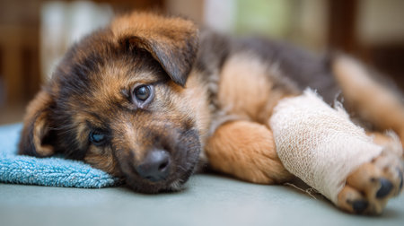 Adorable puppy with a broken paw in a cast resting on a soft mat, showing signs of comfort during its recovery from injury.の素材