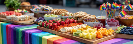 A vibrant picnic table displays pride-themed decorations and an array of food, including fruits and snacks, at a cheerful summer celebration.の素材