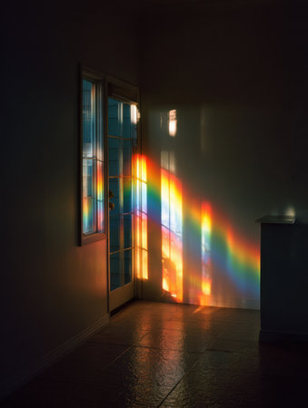 Colorful rays of light illuminate a tranquil interior, casting vibrant rainbows on the walls and floor as sunlight filters through the window.の素材