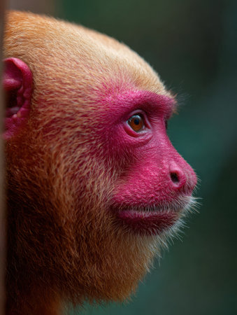 A striking red uakari with a bald head poses boldly amidst the vibrant jungle foliage, highlighting its vivid features in natural daylight.の素材