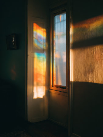 Colors dance across a calm interior as soft rainbow light fills the space through a window, enhancing the serene ambiance of the evening setting.の素材