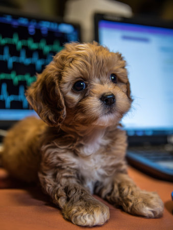 A young puppy with curly fur rests on a table in a veterinary clinic while its heartbeat is monitored on a nearby screen, indicating its health status.の素材
