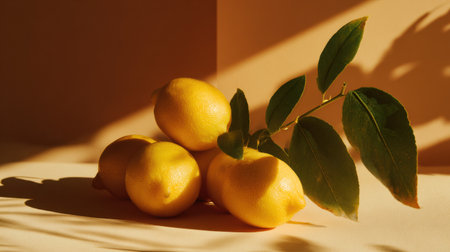 Bright yellow lemons are arranged with lush green leaves, illuminated by soft golden light, creating a warm and inviting atmosphere in the setting.の素材