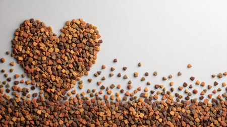 Colorful pet food pieces are artistically arranged to form a heart shape with a blank top half, creating an engaging advertisement concept for pet nutrition.の素材