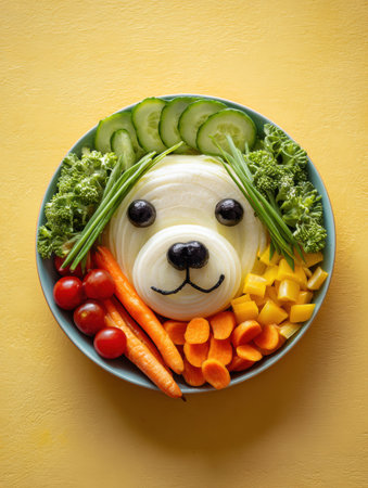 A charming veggie dog face in a bowl features carrots, tomatoes, and cucumbers on a cheerful yellow backdrop.の素材