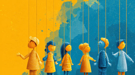 Colorful puppets on strings illustrate a scripted conversation in a dynamic abstract setting, with a left third of the canvas remaining open and undisturbed.の素材
