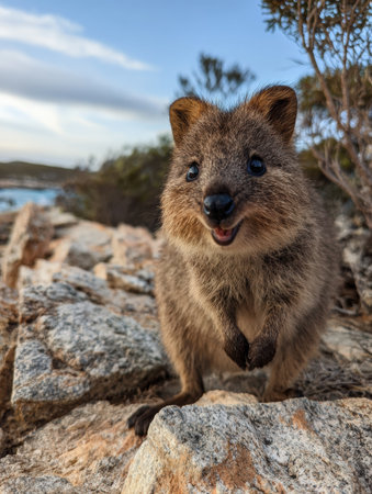 A cheerful quokka stands on rocky ground, grinning brightly while basking in the sunlight by the coast, surrounded by lush greenery and blue skies.の素材