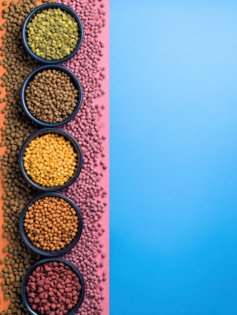 Various pet food kibble types are arranged in bowls, showcasing different colors and textures against a colorful background, with space for additional details.の素材