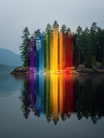 Vibrant pride colors shimmer upon a calm lake, mirrored by surrounding trees and distant mountains during dawn, creating a peaceful atmosphere.の素材