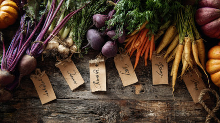 Freshly harvested autumn vegetables are beautifully arranged on a rustic wooden table with hand-cut labels, celebrating the bounty seasons.の素材